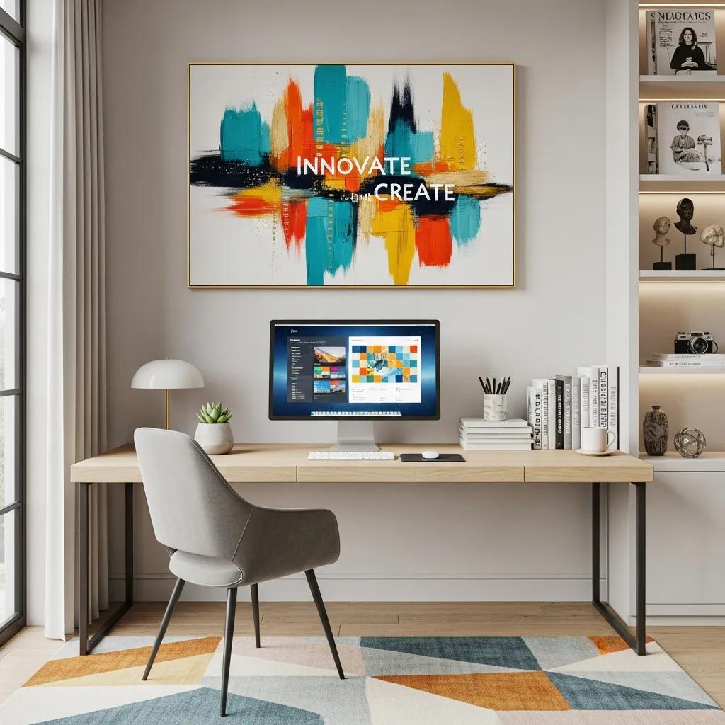 Home office with motivational art above the desk enhancing productivity and creativity
