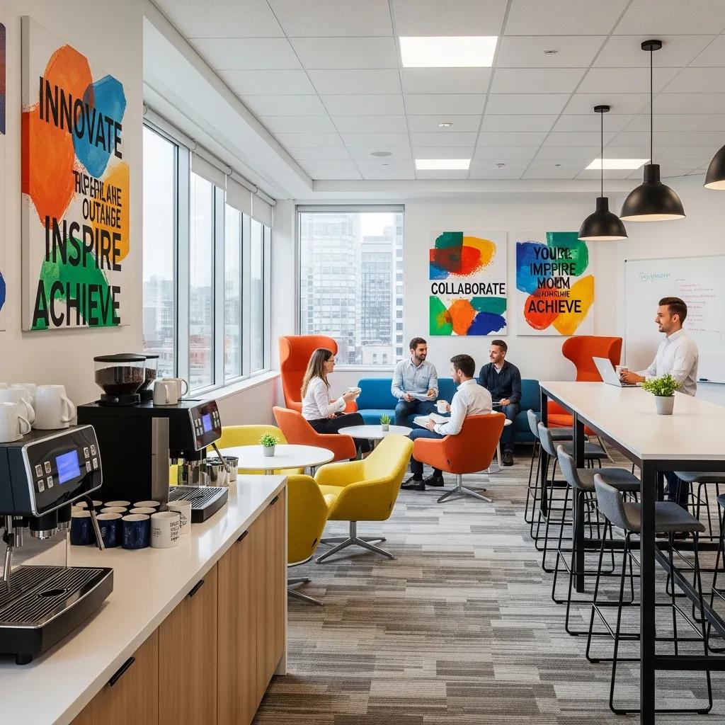 Office break room with motivational paintings boosting morale and creativity among employees