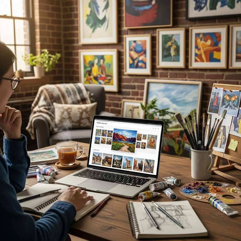 Person browsing an art website on a laptop, initiating a commission request for a painting