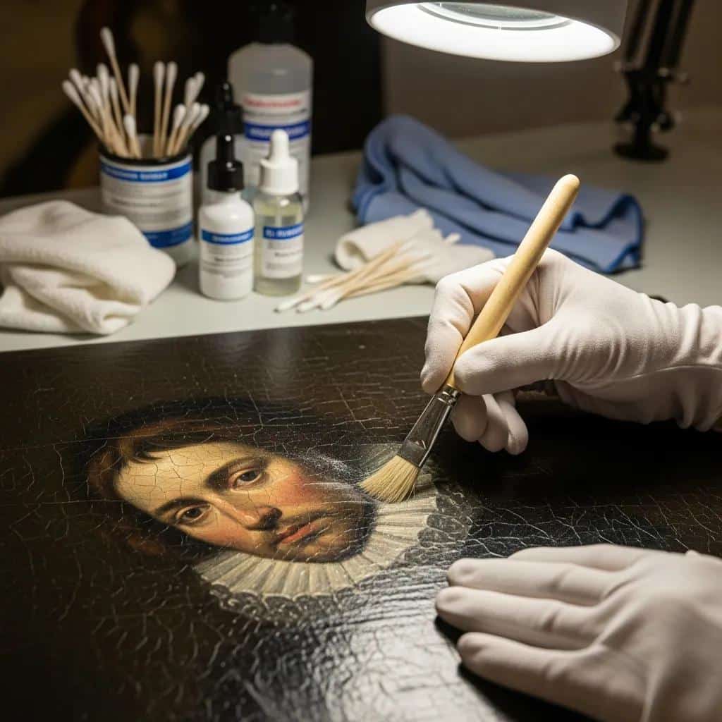 Person cleaning an oil painting with a soft brush and cleaning tools