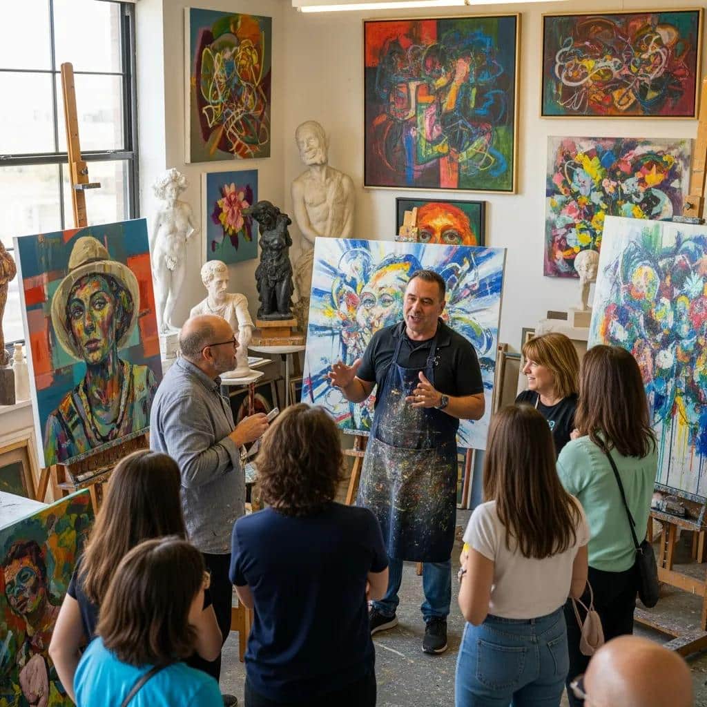 Visitors engaging with artist Geiler Corona during a studio tour at GCoronaArt