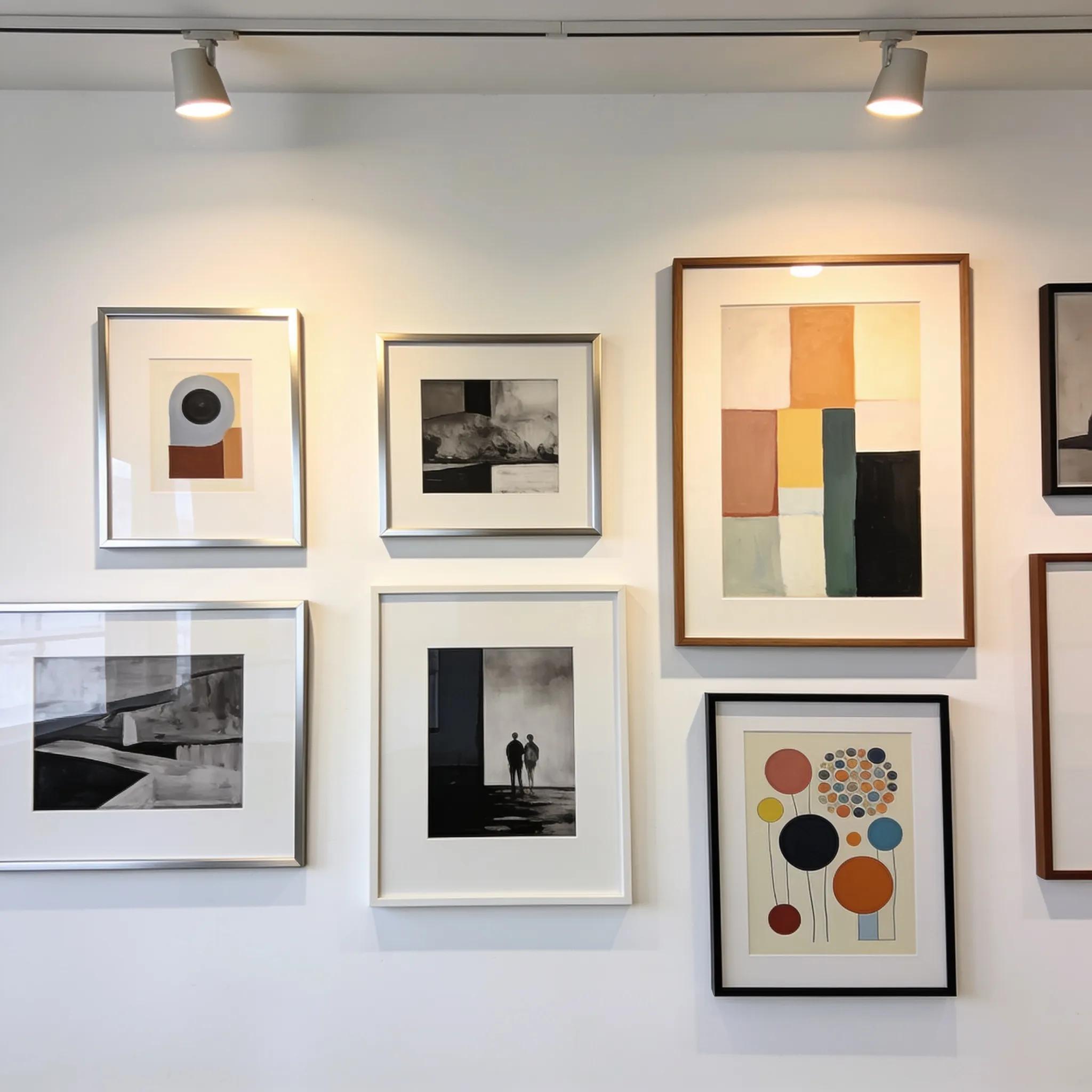Arrangement of gallery-style frames on a wall, showcasing diverse artworks to enhance presentation