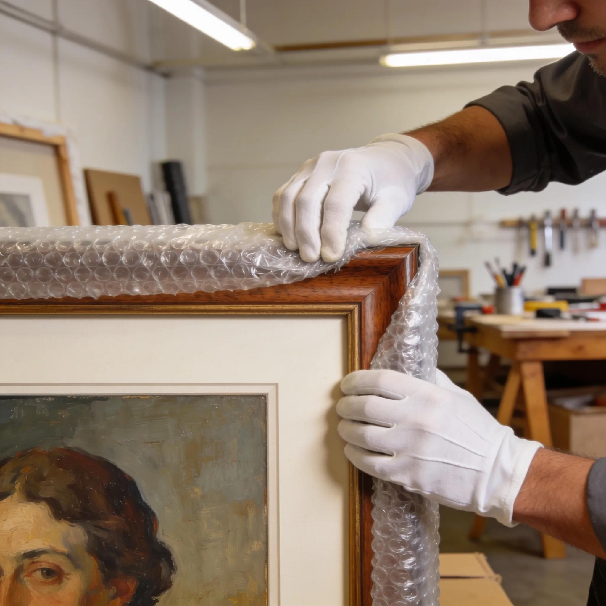 Art handler packing a framed artwork safely, illustrating best practices in art pickup and delivery