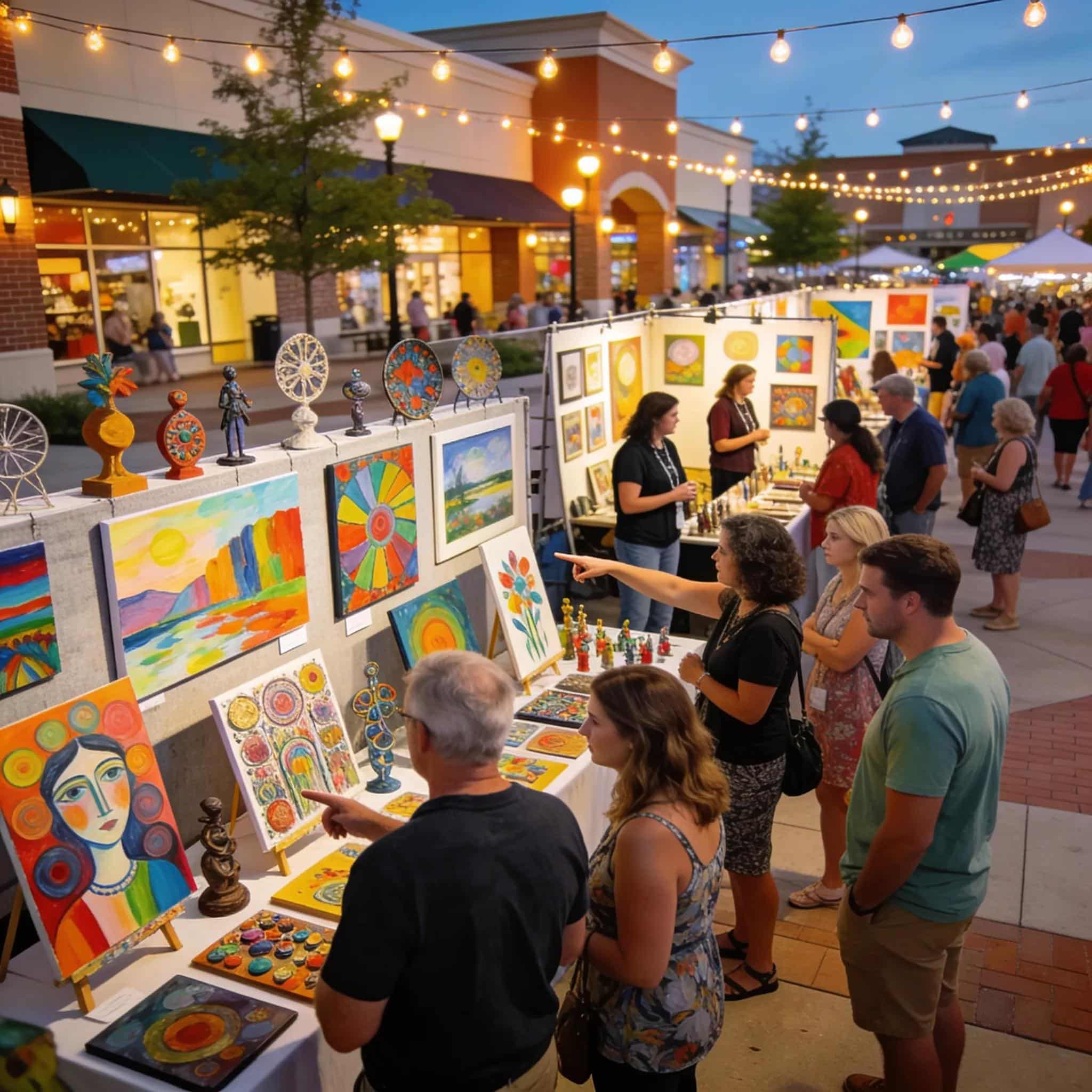 Visitors engaging at a local art event in Plainfield, IL, showcasing diverse artworks and community interaction.