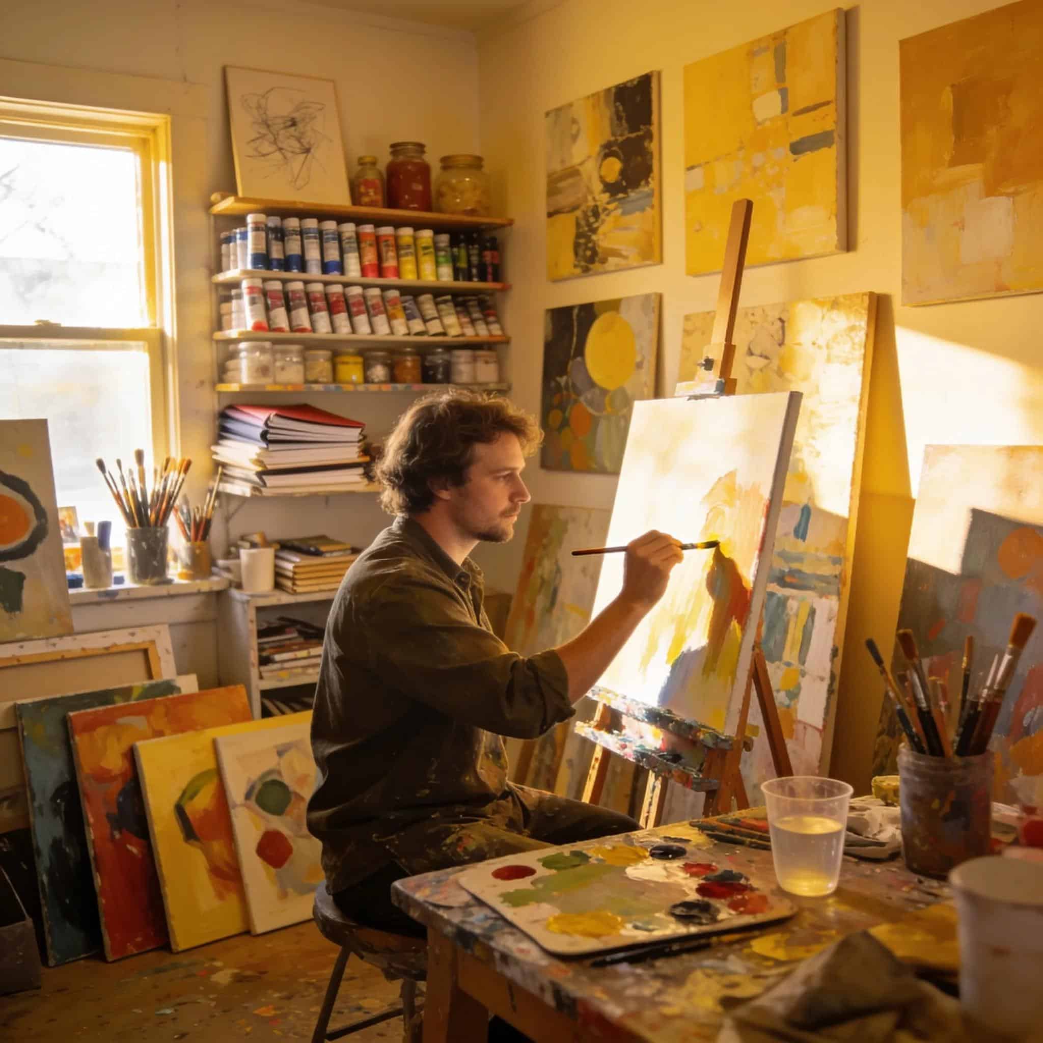 Local artist engaged in their creative process in Plainfield, IL, surrounded by completed artworks and art supplies.