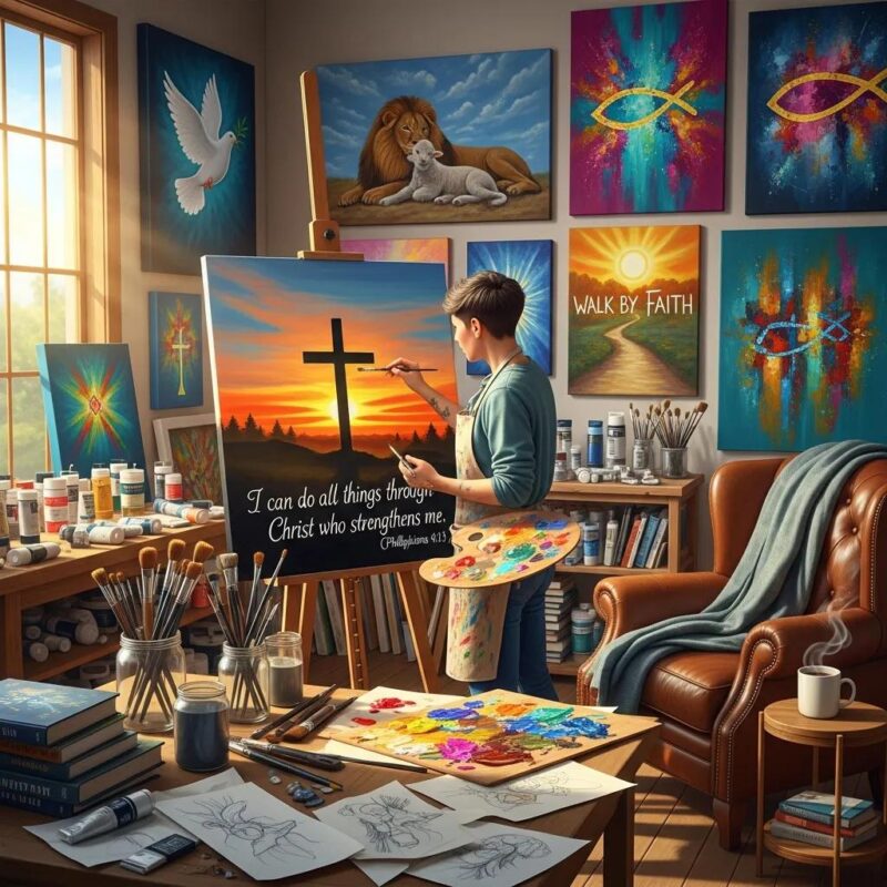 Artist creating vibrant Christian and motivational paintings in a colorful studio