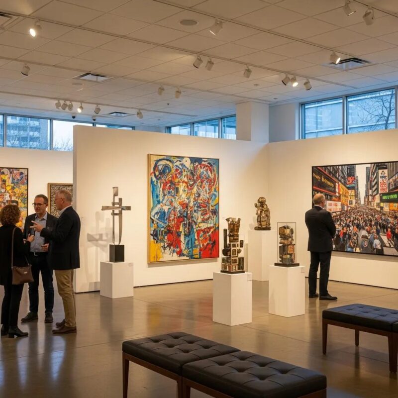 Contemporary art gallery with collectors admiring original artworks