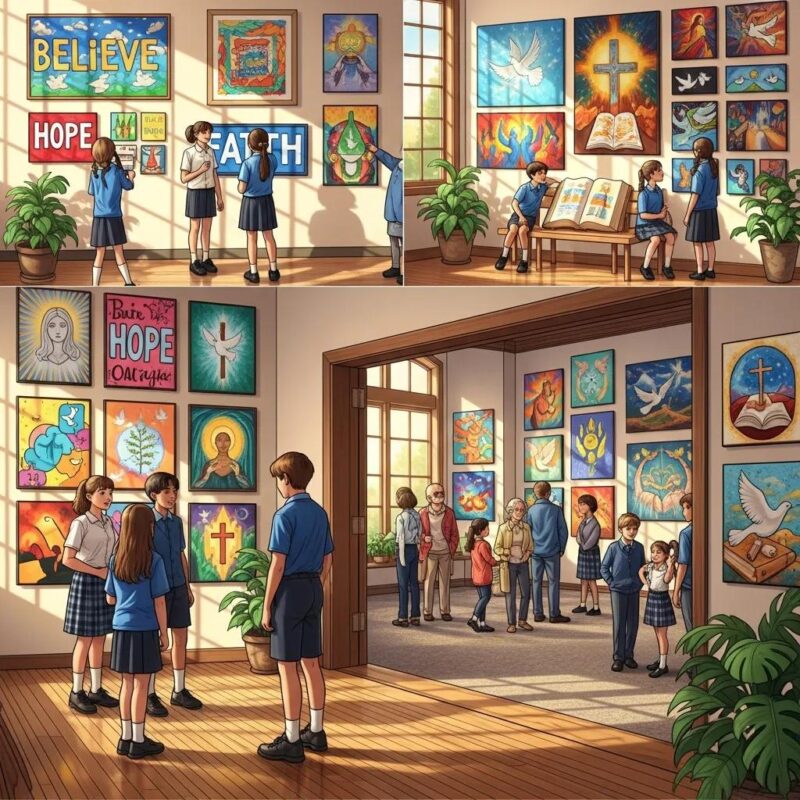 Motivational and Christian art displayed in educational and religious spaces, showcasing hope and inspiration