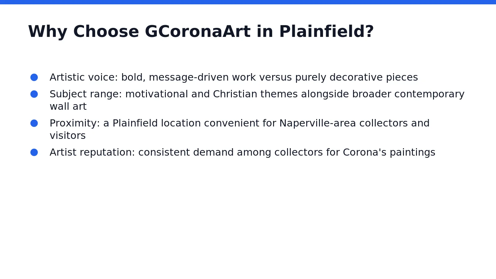 GCoronaArt operates from Plainfield, Illinois, placing an accomplished contemporary art resource within easy reach